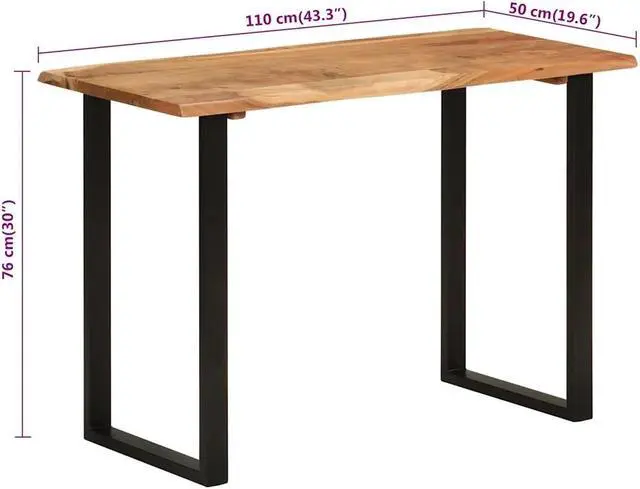 Alt view image 4 of 7 - vidaXL Dining Table, Natural Edges Tabletop with Black Power-Coated Steel Legs, Rustic Design Bistro Table for Dining Room, Kitchen, Solid Acacia Wood, 43.3''x19.6''x30''