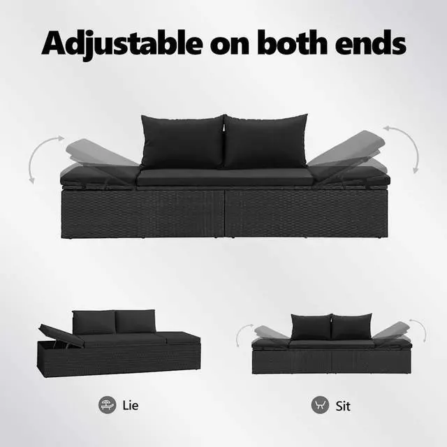 Alt view image 5 of 7 - vidaXL Poly Rattan Patio Lounge Chair, Sunbed, Outdoor Sofa with Adjustable Both Ends, Included Cushions & Pillows, Washable Cushion Cover, Sturdy Steel Frame, 76.8"x23.6"x23.6" Black