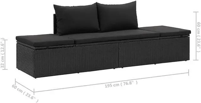 Alt view image 4 of 7 - vidaXL Poly Rattan Patio Lounge Chair, Sunbed, Outdoor Sofa with Adjustable Both Ends, Included Cushions & Pillows, Washable Cushion Cover, Sturdy Steel Frame, 76.8"x23.6"x23.6" Black
