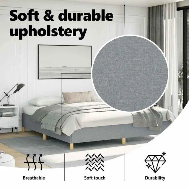 Alt view image 5 of 7 - vidaXL King Size Bed Frame with Plywood Slats, Platform Bed Frame, Fabric Upholstered Mattress Foundation, No Box Spring Needed & Easy Assembly, Light Gray, without Mattress