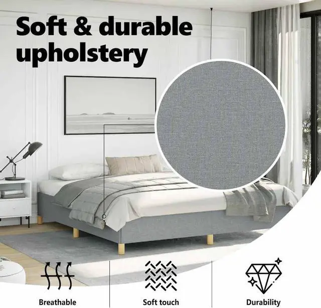 Alt view image 5 of 7 - vidaXL California King Size Bed Frame with Plywood Slats, Platform Bed Frame, Fabric Upholstered Mattress Foundation, No Box Spring Needed & Easy Assembly, Light Gray, without Mattress