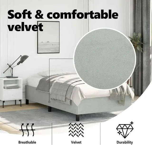 Alt view image 5 of 7 - vidaXL Twin Size Bed Frame with Plywood Slats, Platform Bed Frame, Velvet Upholstered Mattress Foundation, No Box Spring Needed & Easy Assembly, Light Gray, without Mattress