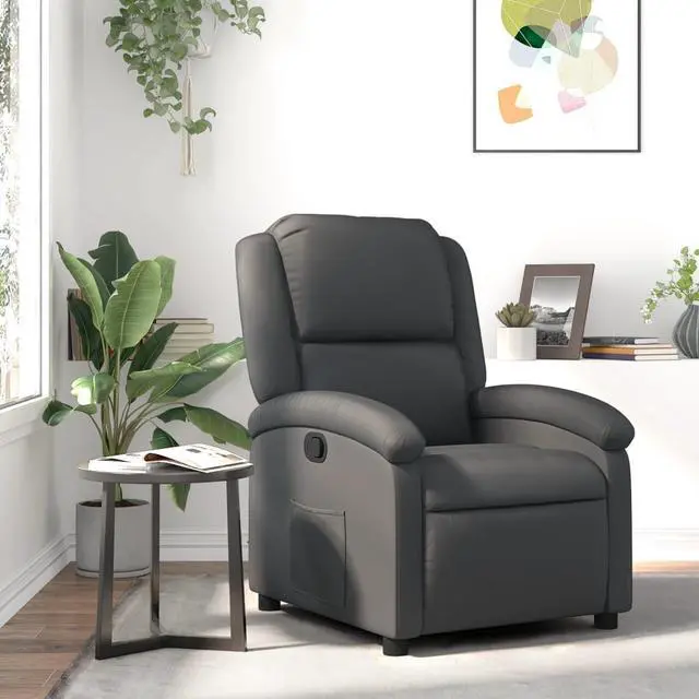Main image of vidaXL Manual Recliner Chair for Living Room, Adjustable Recliner with Padded Seat & Backrest, Home Theater Seating with Side Pocket, Gray Real Leather
