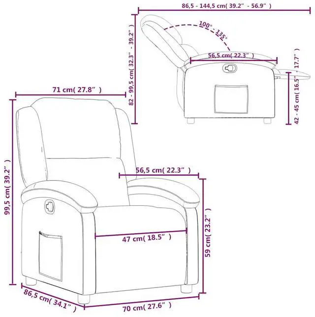 Alt view image 4 of 7 - vidaXL Manual Recliner Chair for Living Room, Adjustable Recliner with Padded Seat & Backrest, Home Theater Seating with Side Pocket, Gray Real Leather