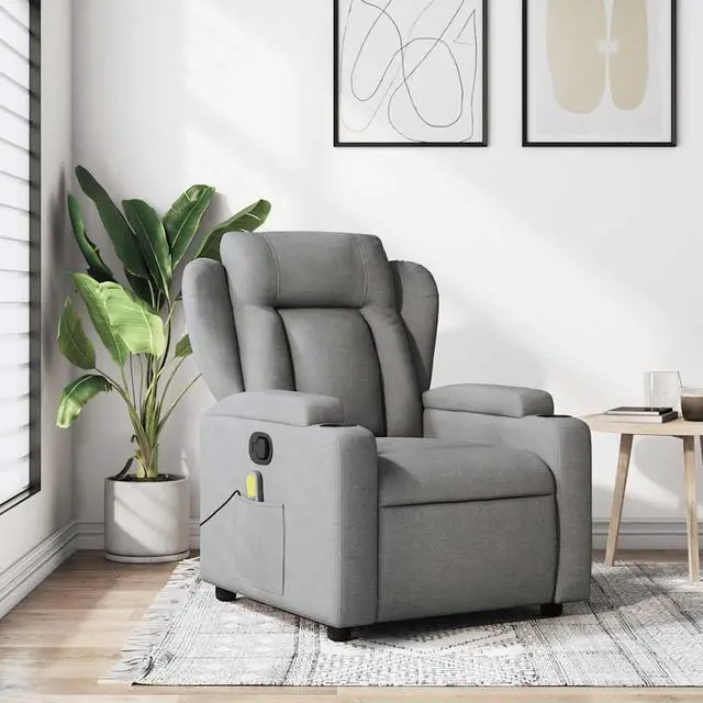 Main image of vidaXL Light Gray Fabric Recliner Chair with 6-Point Vibration Massage, Adjustable Backrest & Footrest, Cup Holders, Side Pocket, Padded Seat, Perfect for Living Room or Home Theater Seating