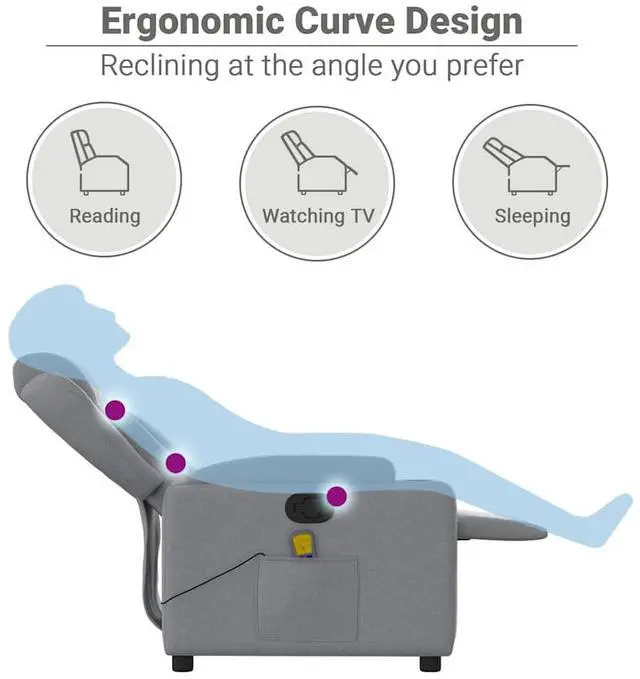 Alt view image 5 of 7 - vidaXL Light Gray Fabric Recliner Chair with 6-Point Vibration Massage, Adjustable Backrest & Footrest, Cup Holders, Side Pocket, Padded Seat, Perfect for Living Room or Home Theater Seating