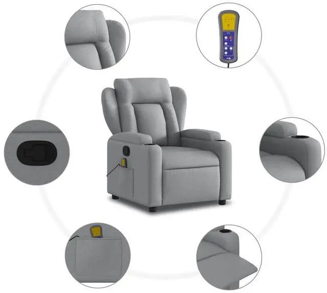 Alt view image 7 of 7 - vidaXL Light Gray Fabric Recliner Chair with 6-Point Vibration Massage, Adjustable Backrest & Footrest, Cup Holders, Side Pocket, Padded Seat, Perfect for Living Room or Home Theater Seating