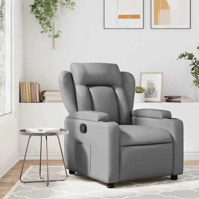 Main image of vidaXL Gray Leather Recliner Chair with 6-Point Vibration Massage, Adjustable Backrest & Footrest, Cup Holders, Side Pocket, Padded Seat, Perfect for Living Room or Home Theater Seating