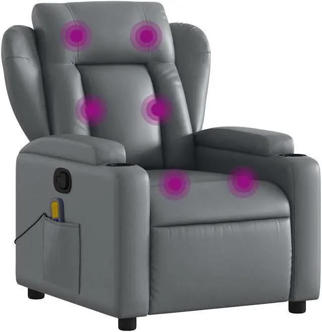 Alt view image 2 of 7 - vidaXL Gray Leather Recliner Chair with 6-Point Vibration Massage, Adjustable Backrest & Footrest, Cup Holders, Side Pocket, Padded Seat, Perfect for Living Room or Home Theater Seating