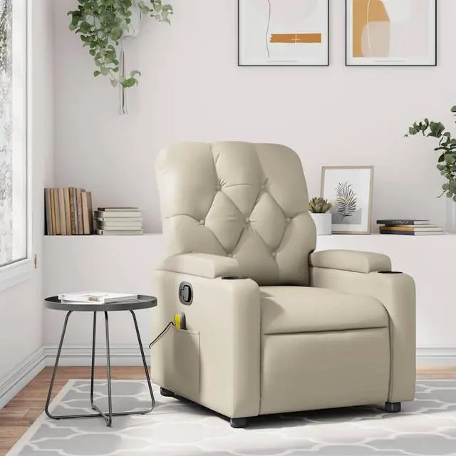 Main image of vidaXL Leather Massage Recliner Chair for Living Room, Home Theater, 6-Point Vibration Massage, Adjustable Back & Footrest, Cup Holders, Cream