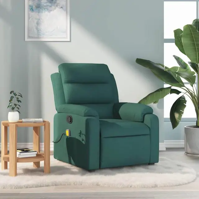 Main image of vidaXL Massage Recliner Chair with 6-Point Vibration Massage and Convenient Side Pocket, Dark Green Fabric Rocker, Adjustable Backrest & Footrest Lounge Seat for Living Room, USB Charge Port