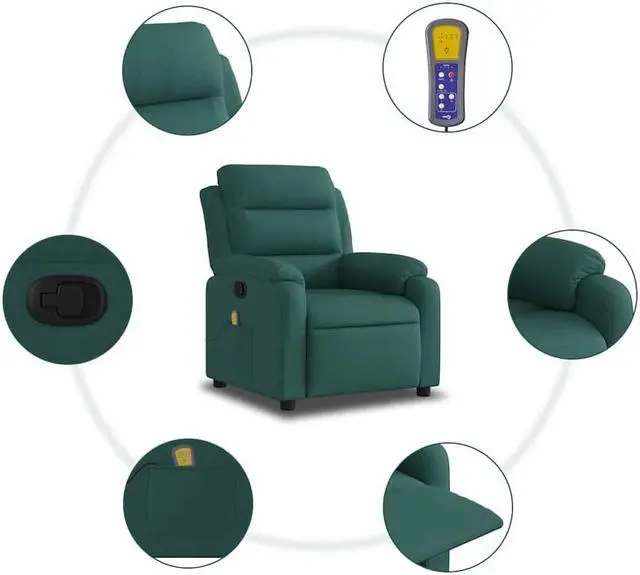 Alt view image 7 of 7 - vidaXL Massage Recliner Chair with 6-Point Vibration Massage and Convenient Side Pocket, Dark Green Fabric Rocker, Adjustable Backrest & Footrest Lounge Seat for Living Room, USB Charge Port