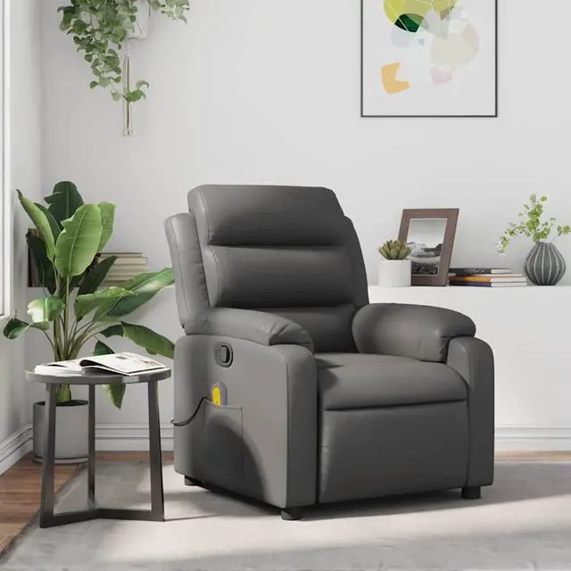 Main image of vidaXL Massage Recliner Chair with 6-Point Vibration Massage and Convenient Side Pocket, Gray Leather Rocker, Adjustable Backrest & Footrest Lounge Seat for Living Room, USB Charge Port