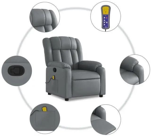 Alt view image 6 of 7 - vidaXL Massage Recliner Chair for Living Room, Adjustable Recliner with 6-Point Vibration Massage, Home Theater Seating with Padded Seat Backrest & Side Pocket, Gray Leather