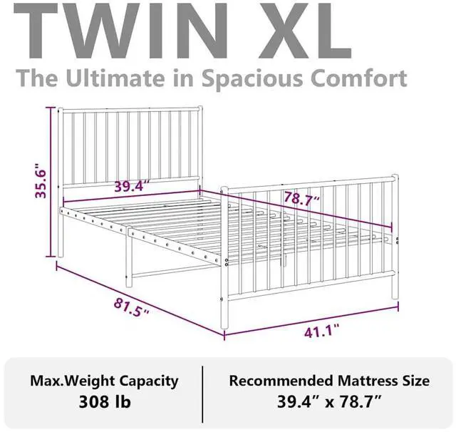 Alt view image 5 of 7 - vidaXL 12-Inch White Metal Twin XL Bed Frame with Headboard & Footboard, Heavy-Duty Construction with Under-Bed Storage for Modern Bedroom, No Box Spring Needed & Easy Assembly, No Mattress