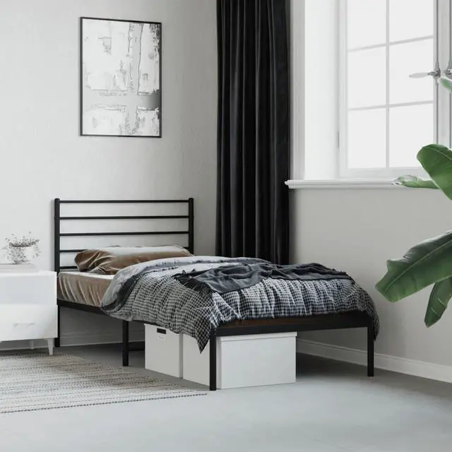 Main image of vidaXL 12 Inch Twin XL Metal Bed Frame with Headboard, No Box Spring Needed, Noise Free Platform Bed Frame with Steel Slats, Easy Assembly, Under Bed Storage, Minimalist, Black
