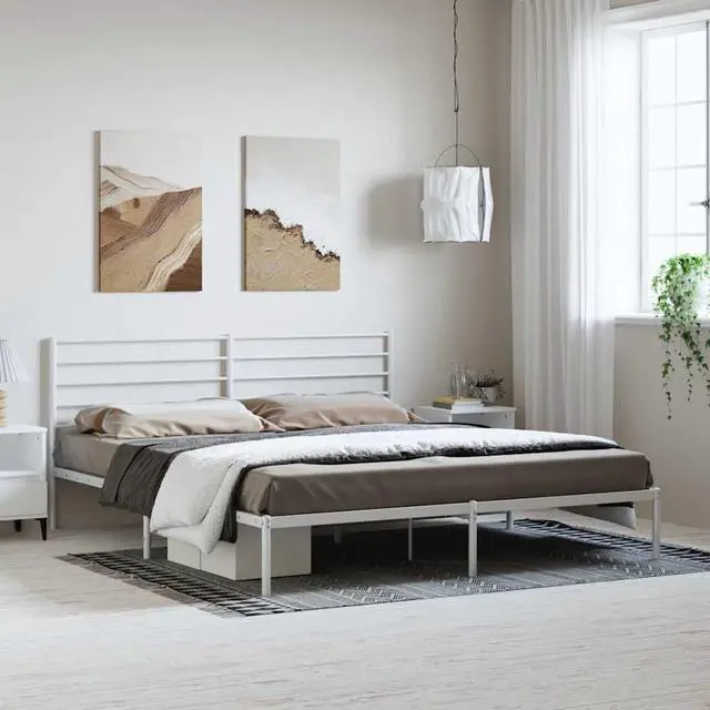 Main image of vidaXL 12 Inch California King Metal Bed Frame with Headboard, No Box Spring Needed, Noise Free Platform Bed Frame with Steel Slats, Easy Assembly, Under Bed Storage, Minimalist, White