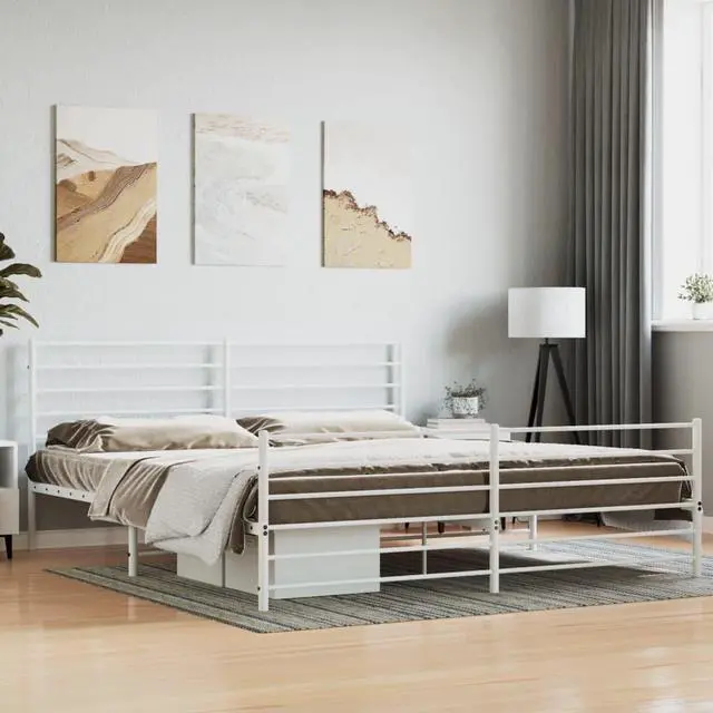 Main image of vidaXL 12 Inch California King Metal Bed Frame with Headboard & Footboard, No Box Spring Needed, Noise Free Platform Bed Frame with Steel Slats, Easy Assembly, Under Bed Storage, Minimalist, White