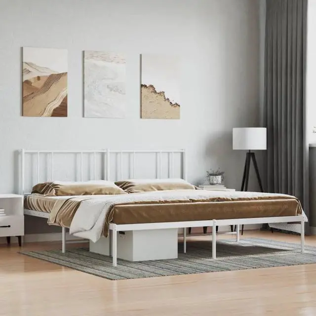 Main image of vidaXL 12 Inch California King Metal Bed Frame with Headboard, No Box Spring Needed, Noise Free Platform Bed Frame with Steel Slats, Easy Assembly, Under Bed Storage, Minimalist, White