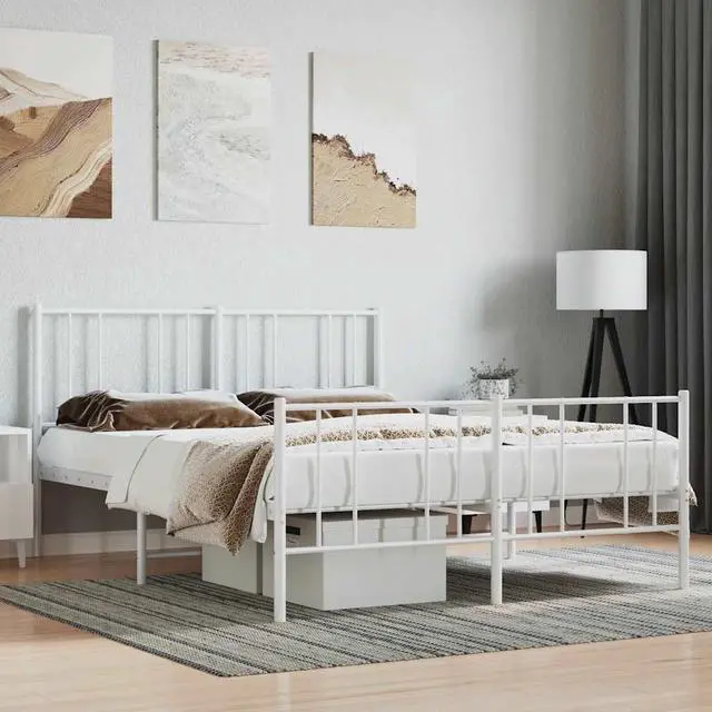 Main image of vidaXL 12 Inch Full Metal Bed Frame with Headboard & Footboard, No Box Spring Needed, Noise Free Platform Bed Frame with Steel Slats, Easy Assembly, Under Bed Storage, Minimalist, White