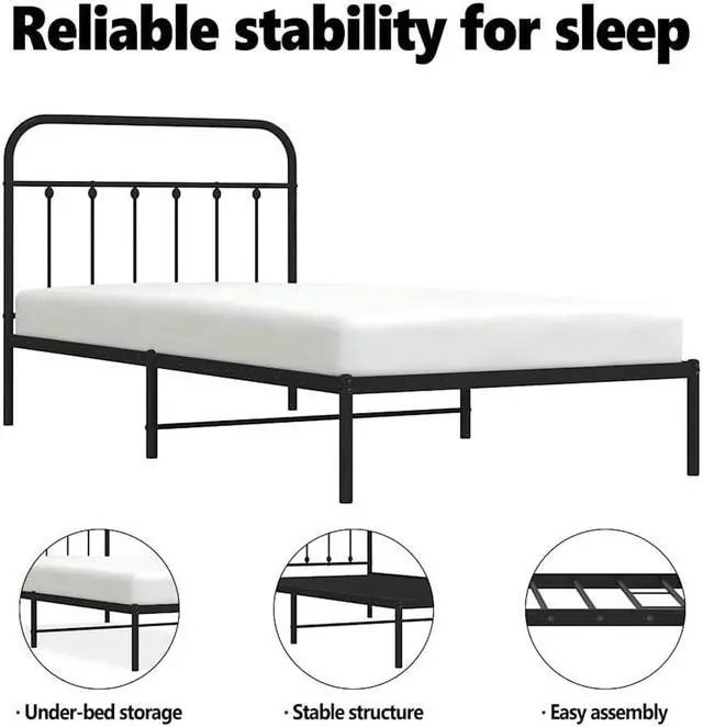 Alt view image 5 of 7 - vidaXL 12 Inch Twin XL Metal Bed Frame with Headboard, No Box Spring Needed, Noise Free Platform Bed Frame with Steel Slats, Easy Assembly, Under Bed Storage, Minimalist, Black
