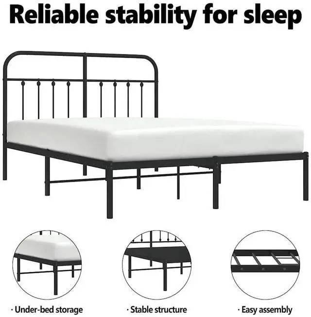 Alt view image 5 of 7 - vidaXL 12 Inch Full Metal Bed Frame with Headboard, No Box Spring Needed, Noise Free Platform Bed Frame with Steel Slats, Easy Assembly, Under Bed Storage, Minimalist, Black