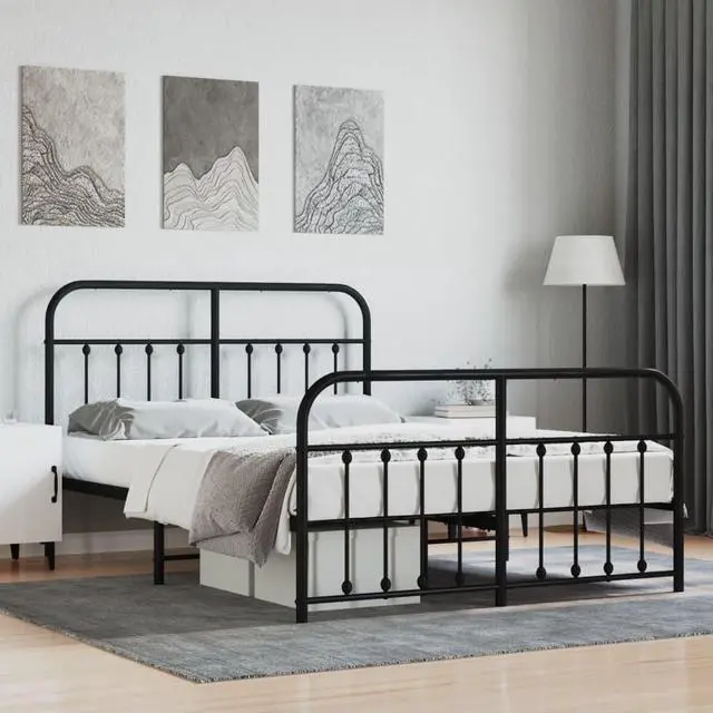 Main image of vidaXL 12 Inch Full Metal Bed Frame with Headboard & Footboard, No Box Spring Needed, Noise Free Platform Bed Frame with Steel Slats, Easy Assembly, Under Bed Storage, Minimalist, Black
