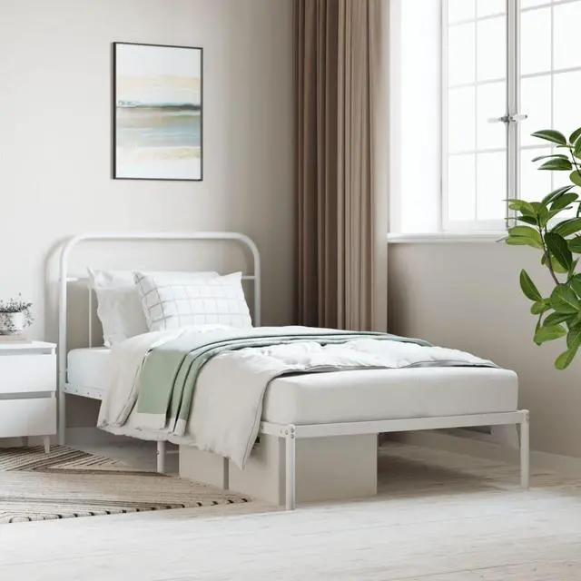Main image of vidaXL 12 Inch Twin XL Metal Bed Frame with Headboard, No Box Spring Needed, Noise Free Platform Bed Frame with Steel Slats, Easy Assembly, Under Bed Storage, Minimalist, White
