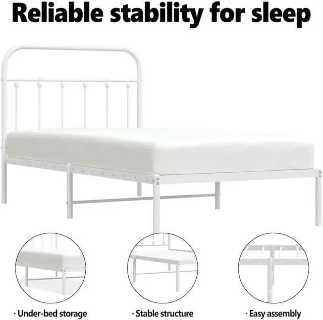 Alt view image 5 of 7 - vidaXL 12 Inch Twin XL Metal Bed Frame with Headboard, No Box Spring Needed, Noise Free Platform Bed Frame with Steel Slats, Easy Assembly, Under Bed Storage, Minimalist, White
