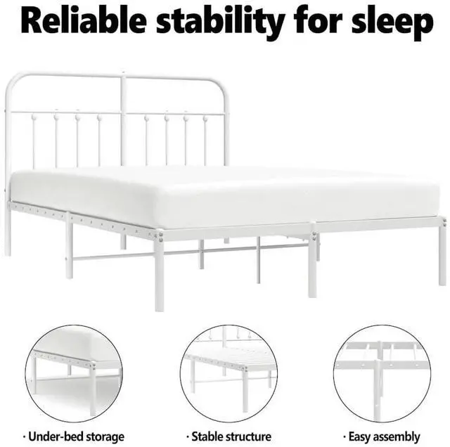Alt view image 5 of 7 - vidaXL 12 Inch Queen Metal Bed Frame with Headboard, No Box Spring Needed, Noise Free Platform Bed Frame with Steel Slats, Easy Assembly, Under Bed Storage, Minimalist, White