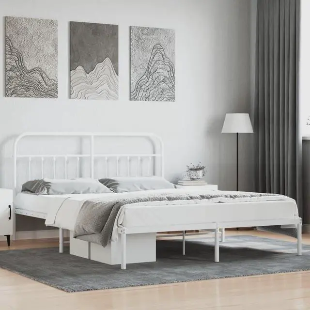 Main image of vidaXL 12 Inch California King Metal Bed Frame with Headboard, No Box Spring Needed, Noise Free Platform Bed Frame with Steel Slats, Easy Assembly, Under Bed Storage, Minimalist, White