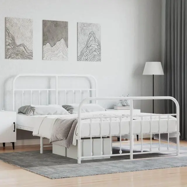 Main image of vidaXL 12 Inch Full Metal Bed Frame with Headboard & Footboard, No Box Spring Needed, Noise Free Platform Bed Frame with Steel Slats, Easy Assembly, Under Bed Storage, Minimalist, White