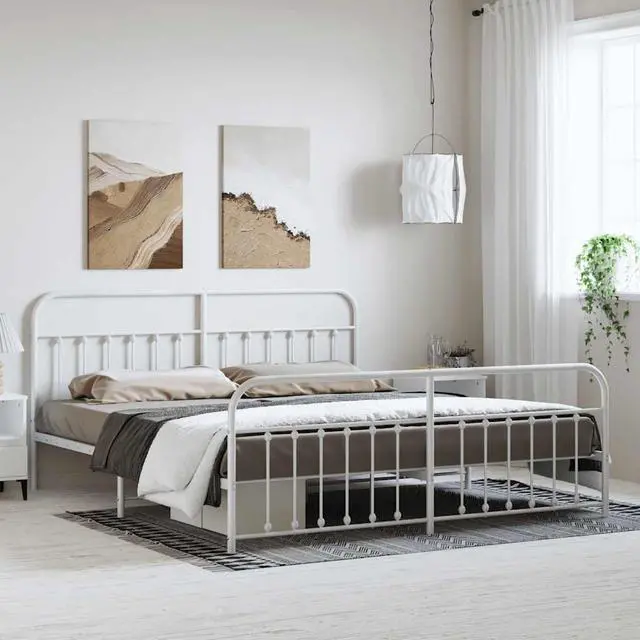Main image of vidaXL 12 Inch California King Metal Bed Frame with Headboard & Footboard, No Box Spring Needed, Noise Free Platform Bed Frame with Steel Slats, Easy Assembly, Under Bed Storage, Minimalist, White