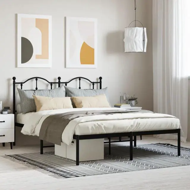 Main image of vidaXL 12 Inch Full Metal Bed Frame with Headboard, No Box Spring Needed, Noise Free Platform Bed Frame with Steel Slats, Easy Assembly, Under Bed Storage, Minimalist, Black