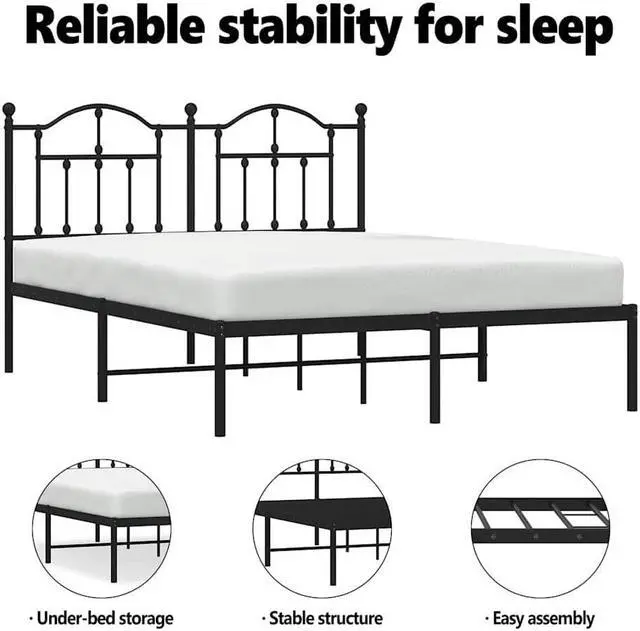 Alt view image 5 of 7 - vidaXL 12 Inch Full Metal Bed Frame with Headboard, No Box Spring Needed, Noise Free Platform Bed Frame with Steel Slats, Easy Assembly, Under Bed Storage, Minimalist, Black