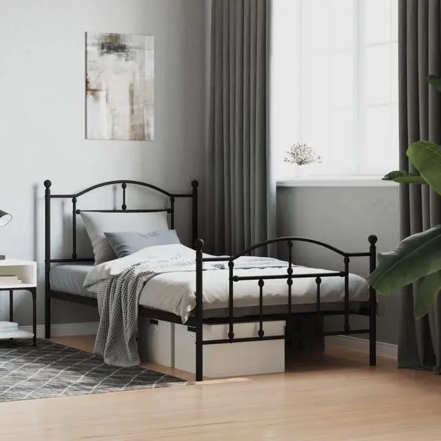 Main image of vidaXL 12 Inch Twin Metal Bed Frame with Headboard & Footboard, No Box Spring Needed, Noise Free Platform Bed Frame with Steel Slats, Easy Assembly, Under Bed Storage, Minimalist, Black