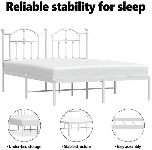 Alt view image 5 of 7 - vidaXL 12 Inch Queen Metal Bed Frame with Headboard, No Box Spring Needed, Noise Free Platform Bed Frame with Steel Slats, Easy Assembly, Under Bed Storage, Minimalist, White