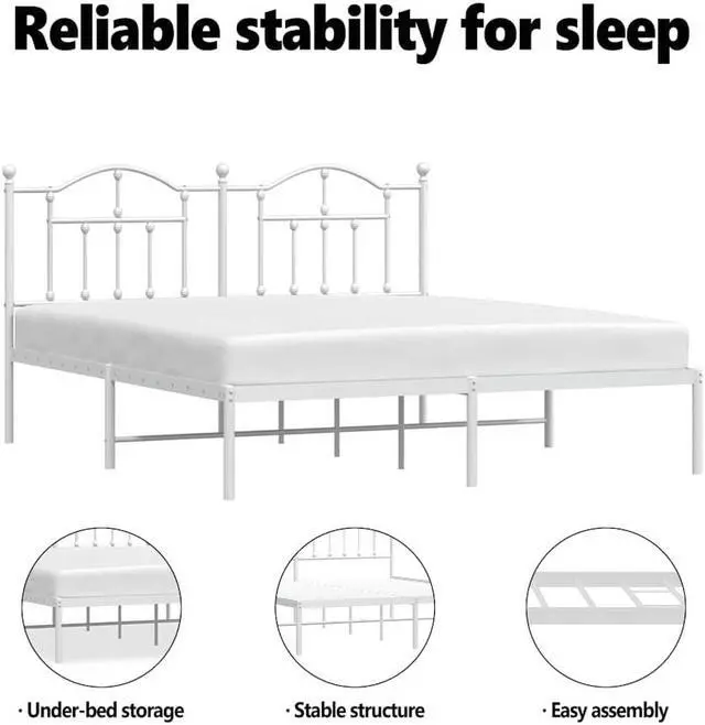 Alt view image 5 of 7 - vidaXL 12 Inch King Metal Bed Frame with Headboard, No Box Spring Needed, Noise Free Platform Bed Frame with Steel Slats, Easy Assembly, Under Bed Storage, Minimalist, White
