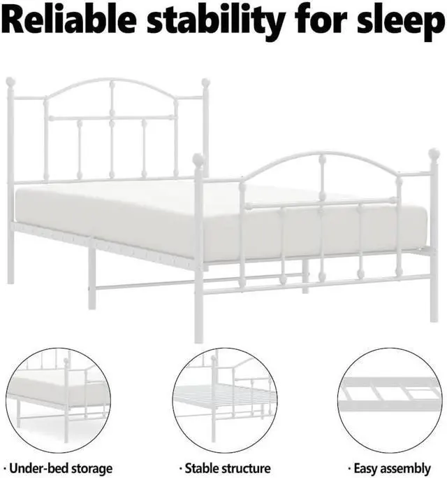Alt view image 5 of 7 - vidaXL 12 Inch Twin Metal Bed Frame with Headboard & Footboard, No Box Spring Needed, Noise Free Platform Bed Frame with Steel Slats, Easy Assembly, Under Bed Storage, Minimalist, White