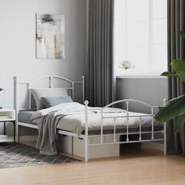Main image of vidaXL 12 Inch Twin XL Metal Bed Frame with Headboard & Footboard, No Box Spring Needed, Noise Free Platform Bed Frame with Steel Slats, Easy Assembly, Under Bed Storage, Minimalist, White