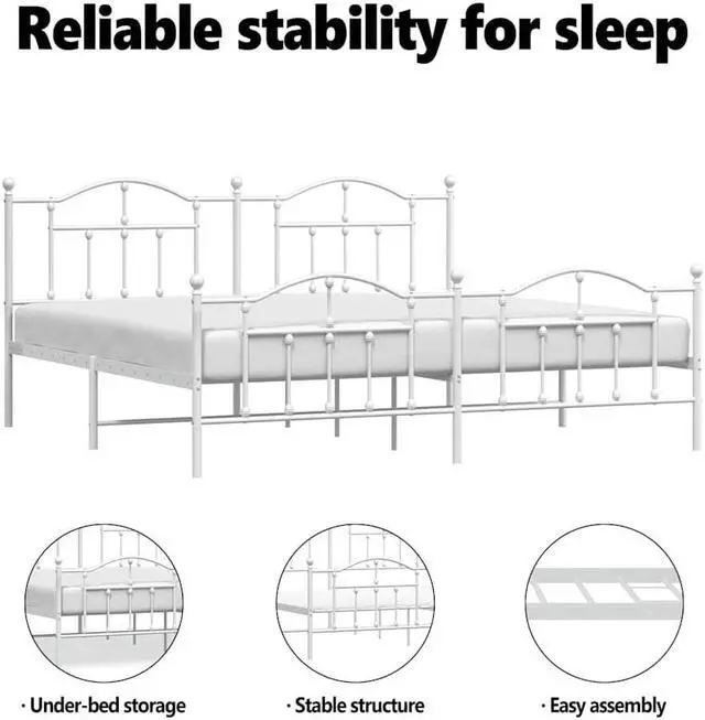 Alt view image 5 of 7 - vidaXL 12 Inch King Metal Bed Frame with Headboard & Footboard, No Box Spring Needed, Noise Free Platform Bed Frame with Steel Slats, Easy Assembly, Under Bed Storage, Minimalist, White