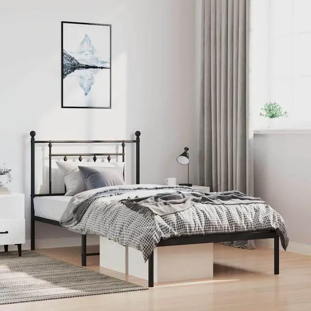 Main image of vidaXL 12 Inch Black Twin XL Bed Frame with Headboard, Sturdy Metal Platform Bed Frame & Slats, Extra Under Bed Storage, No Box Spring Needed, without Mattress