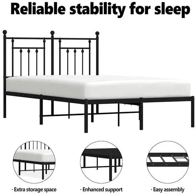 Alt view image 5 of 7 - vidaXL 12 Inch Black Full Size Bed Frame with Headboard, Sturdy Metal Platform Bed Frame & Slats, Extra Under Bed Storage, No Box Spring Needed, without Mattress