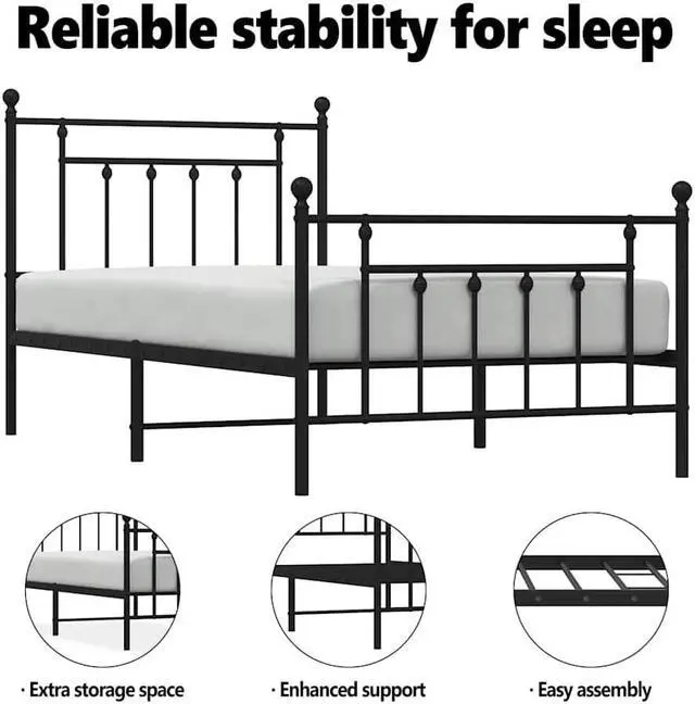 Alt view image 5 of 7 - vidaXL 12 Inch Black Twin XL Bed Frame with Headboard & Footboard, Sturdy Metal Platform Bed Frame & Slats, Extra Under Bed Storage, No Box Spring Needed, without Mattress