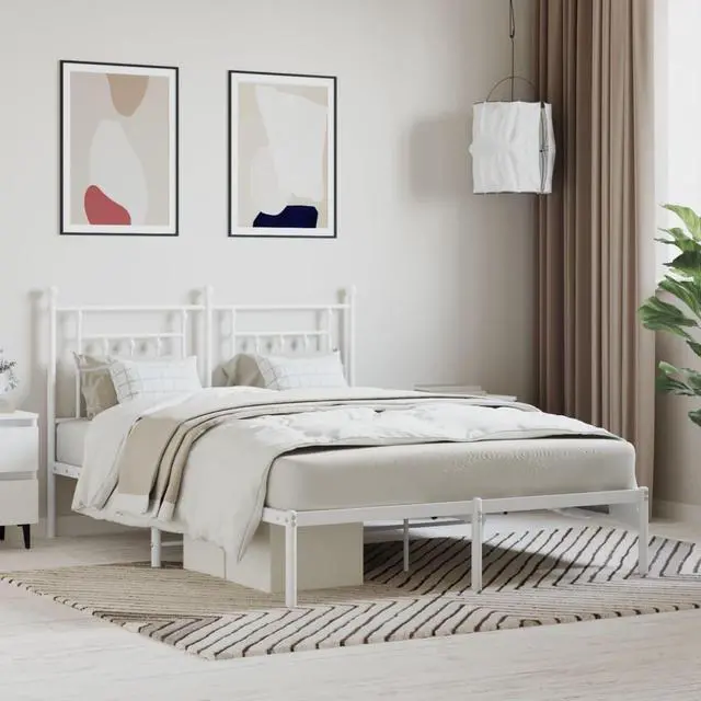 Main image of vidaXL 12 Inch White Queen Bed Frame with Headboard, Sturdy Metal Platform Bed Frame & Slats, Extra Under Bed Storage, No Box Spring Needed, without Mattress