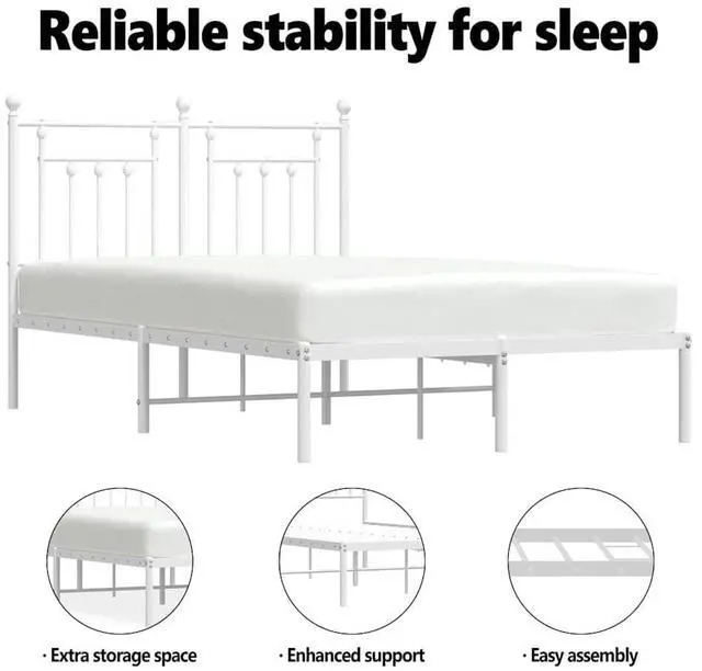 Alt view image 5 of 7 - vidaXL 12 Inch White Queen Bed Frame with Headboard, Sturdy Metal Platform Bed Frame & Slats, Extra Under Bed Storage, No Box Spring Needed, without Mattress