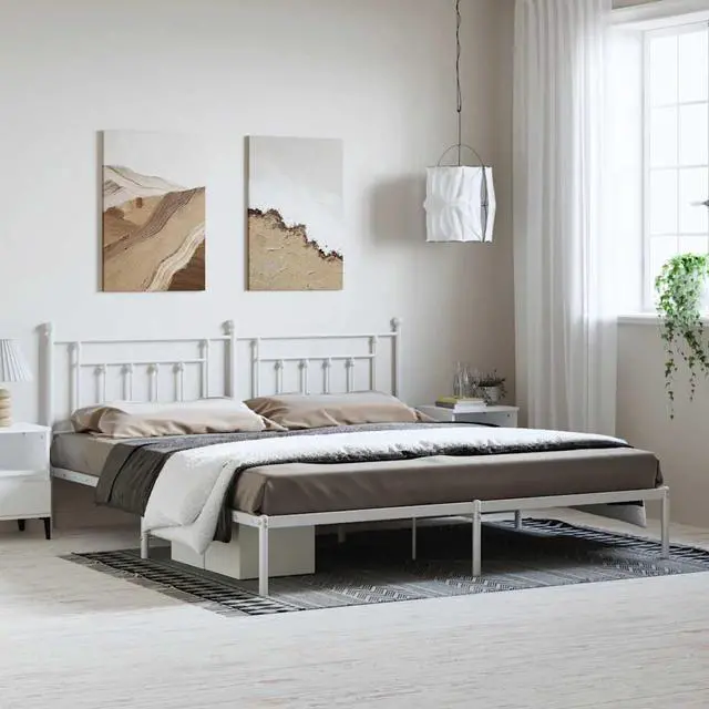 Main image of vidaXL 12 Inch White King Size Bed Frame with Headboard, Sturdy Metal Platform Bed Frame & Slats, Extra Under Bed Storage, No Box Spring Needed, without Mattress