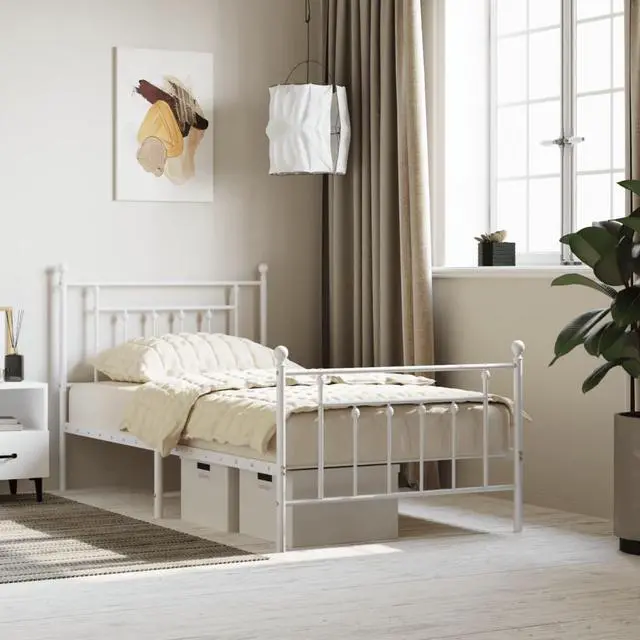 Main image of vidaXL 12 Inch White Twin Bed Frame with Headboard & Footboard, Sturdy Metal Platform Bed Frame & Slats, Extra Under Bed Storage, No Box Spring Needed, without Mattress