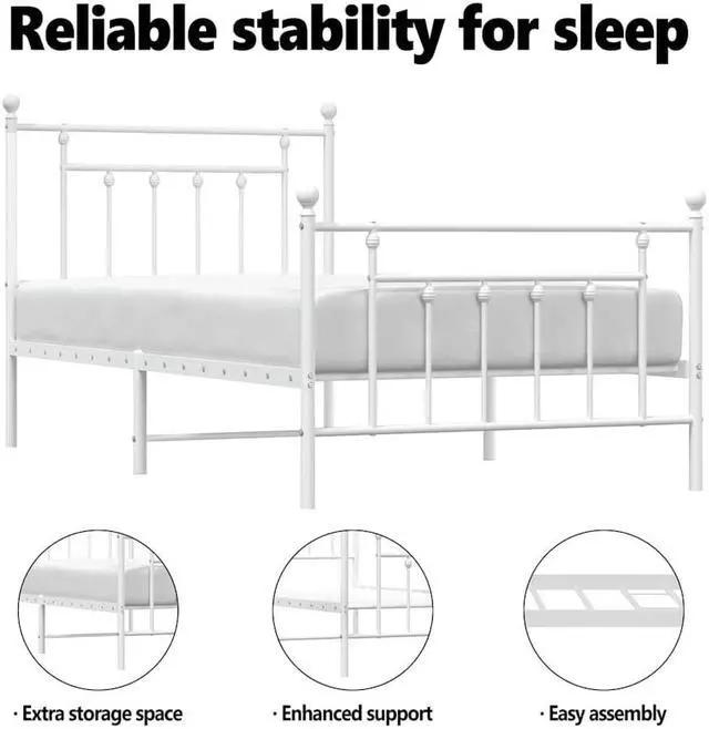 Alt view image 5 of 7 - vidaXL 12 Inch White Twin Bed Frame with Headboard & Footboard, Sturdy Metal Platform Bed Frame & Slats, Extra Under Bed Storage, No Box Spring Needed, without Mattress