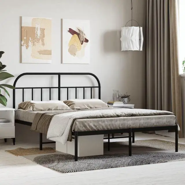 Main image of vidaXL 12 Inch Black Full Size Bed Frame with Headboard, Sturdy Metal Platform Bed Frame & Slats, Extra Under Bed Storage, No Box Spring Needed, without Mattress